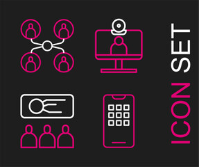 Set line Mobile phone, Training, presentation, Video chat conference and Online class icon. Vector