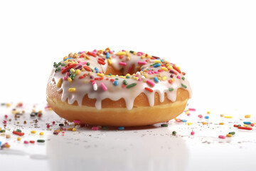 A chocolate donut with chocolate icing and sprinkles sit on a white surface.