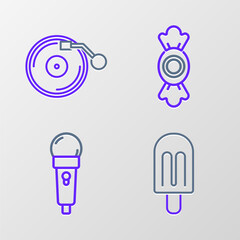 Set line Ice cream, Microphone, Candy and Vinyl player with disk icon. Vector