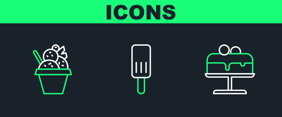 Set line Cake on plate, Ice cream in bowl and icon. Vector