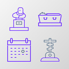 Set line Grave with cross, Calendar death, Coffin dead and tombstone icon. Vector