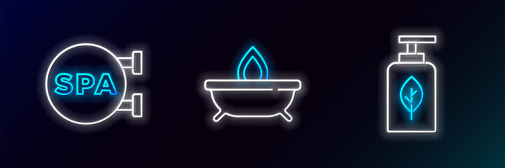 Set line Essential oil bottle, Spa salon and Aroma candle icon. Glowing neon. Vector