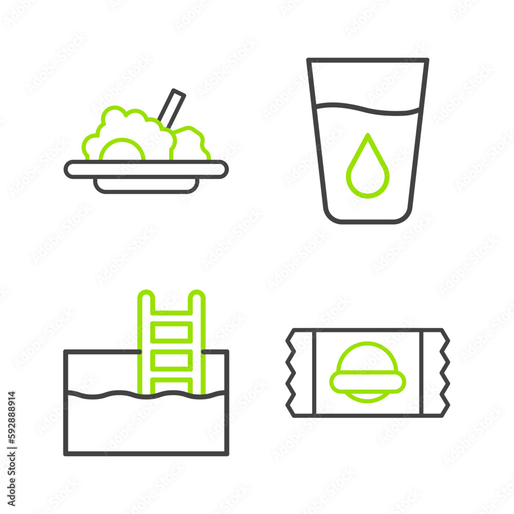 Sticker Set line Sports nutrition, Swimming pool with ladder, Glass water and Healthy food icon. Vector