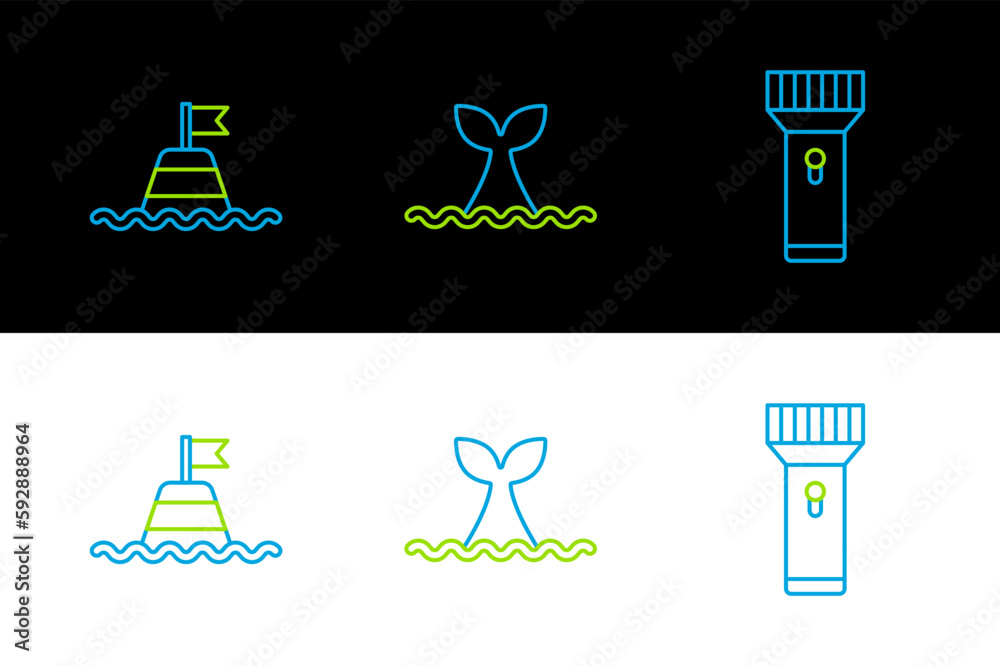 Canvas Prints set line flashlight, floating buoy on the sea and whale tail ocean wave icon. vector