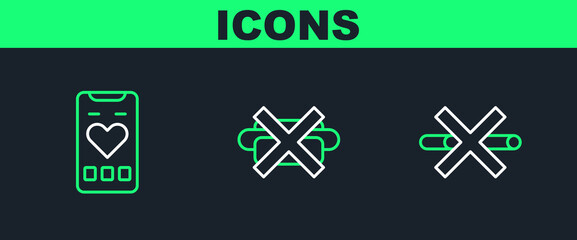 Set line No Smoking, Mobile with heart rate and junk food icon. Vector