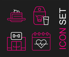 Set line Heart rate, Gym building, Paper package for milk and Cake icon. Vector