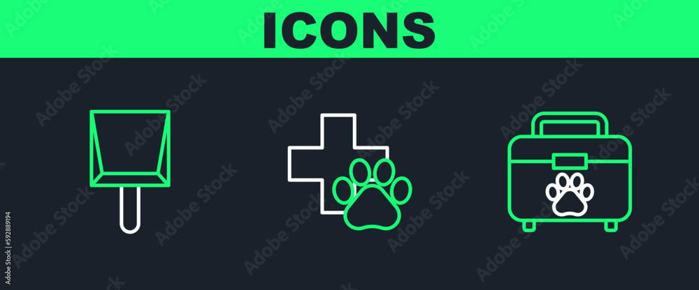 Sticker Set line Pet first aid kit, Dustpan and Veterinary clinic symbol icon. Vector