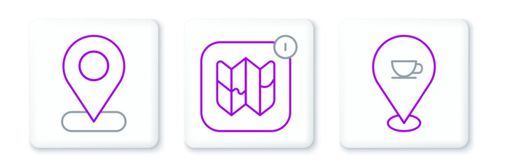 Set line Location with coffee cup, and Infographic city map icon. Vector