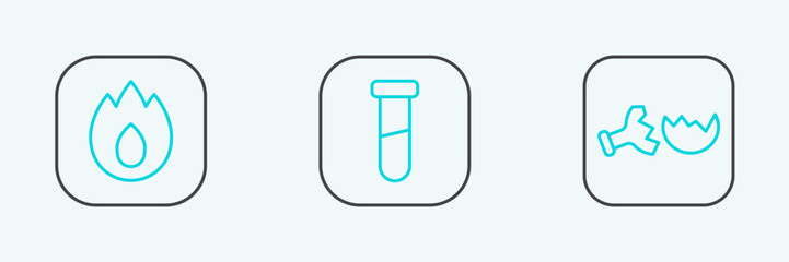 Set line Broken flask, Fire flame and Test tube and icon. Vector