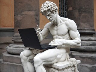 Classic statue using a laptop in the museum, Ai Generative.