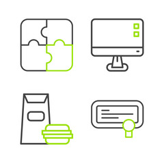 Set line Certificate template, Burger, Computer monitor screen and Piece of puzzle icon. Vector