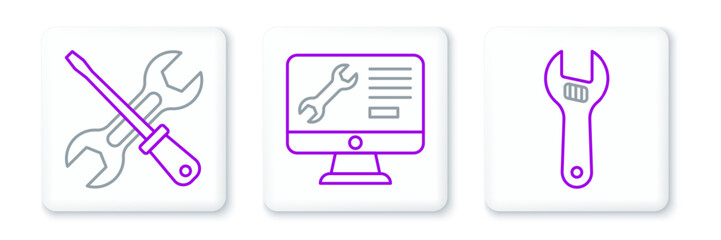 Set line Adjustable wrench, Screwdriver and and Computer monitor service icon. Vector