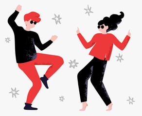 Couple of energetic and cheerful man and woman having fun and dancing. Flat color faceless characters. Woman, man disco cartoon illustration. Colored flat vector illustration isolated on white