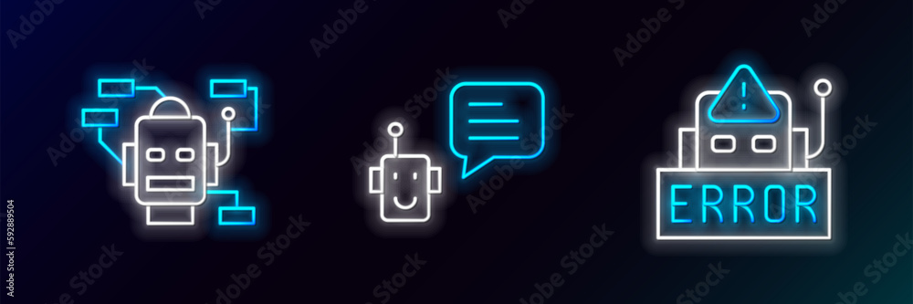 Poster set line error in robot, robot and bot icon. glowing neon. vector