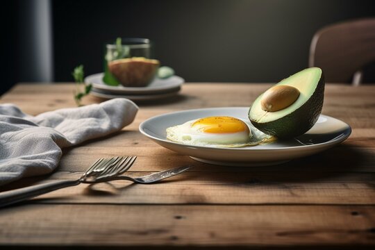 a plate with an egg and an avocado on it next to a cup of coffee and a napkin on a table top of a wooden table. generative ai