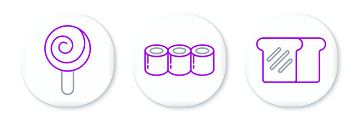 Set line Bread toast, Lollipop and Sushi icon. Vector