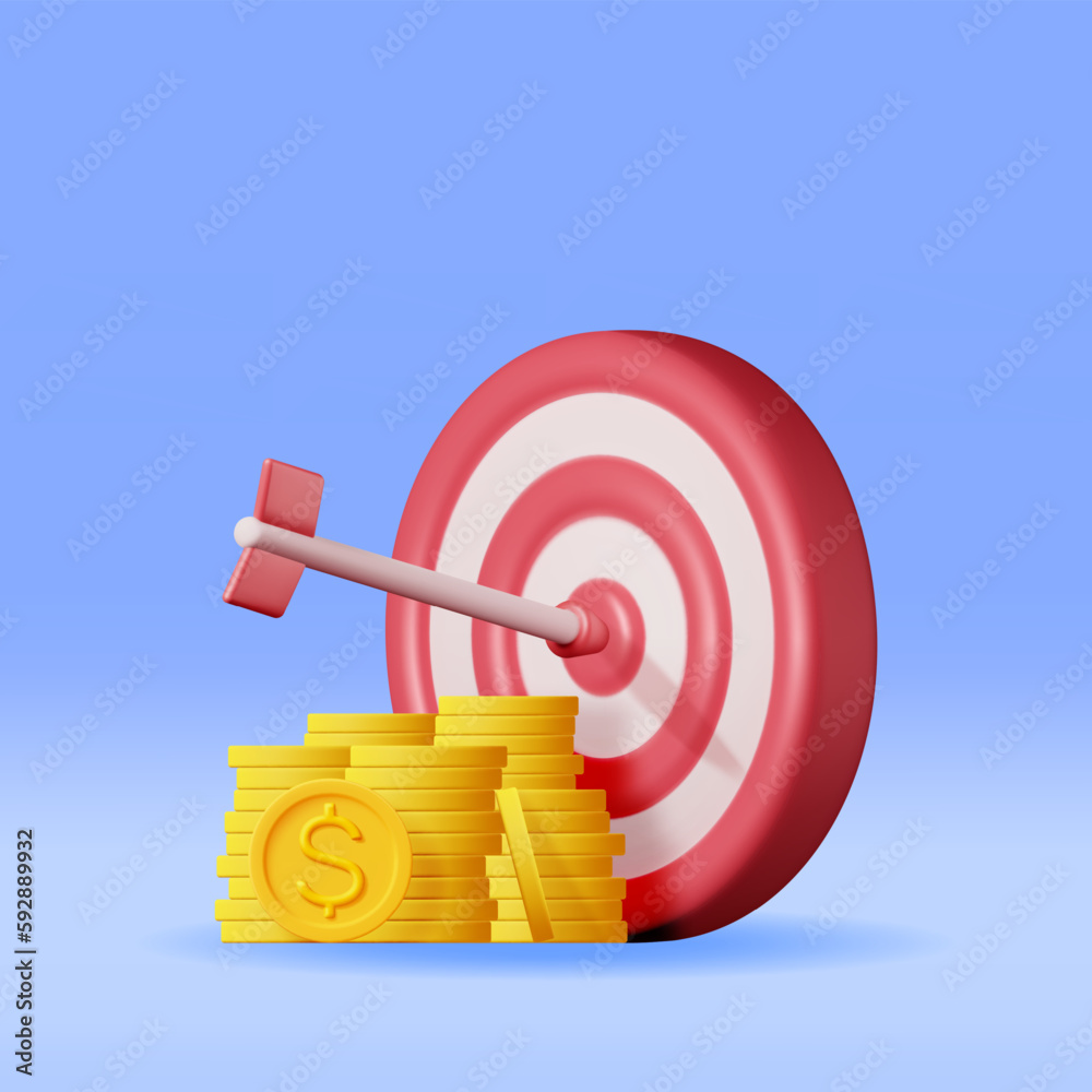 Poster 3d stacks of coins and target with arrow isolated. render dartboard with arrow and golden money. bus