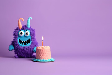 Cute fluffy monster with a bright birthday cake with a candle on a purple background. Colored toy congratulations. Generative AI - obrazy, fototapety, plakaty
