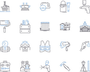 Builder and industry outline icons collection. Builder, Industry, Construction, Development, Foreman, Architect, Contractor vector and illustration concept set. Craftsman, Technician, Site linear