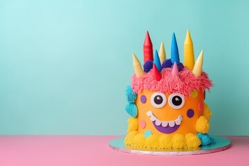 Cute fluffy monster with a bright birthday cake on a blue background. Colored toy congratulations. Generative AI - obrazy, fototapety, plakaty