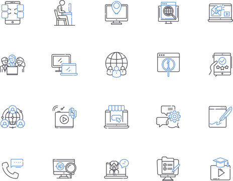 Social media outline icons collection. Social, Media, Networking, Platform, Advertising, Sharing, Digital vector and illustration concept set. Online, Connecting, Engaging linear signs