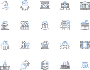 Property investment outline icons collection. investment, property, realestate, rentals, yielding, revenue, capital vector and illustration concept set. return, leasing, mortgaging linear signs