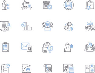 Analytics outline icons collection. Analysis, Trends, Data, Insights, Metrics, Surveys, KPIs vector and illustration concept set. Forecasts, Modeling, Reports linear signs