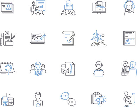 Recruitment outline icons collection. Hiring, Interviews, Staffing, Job-seeking, CVs, Candidates, Skills vector and illustration concept set. Resumes, Networking, Outreach linear signs