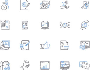 Finance services outline icons collection. Banking, Investing, Insurance, Funds, Credit, Loans, Accounting vector and illustration concept set. Brokerage, Taxation, Budgeting linear signs