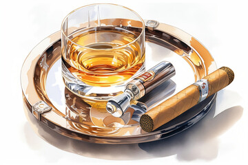Watercolor of cigar and whiskey. Generative AI.
