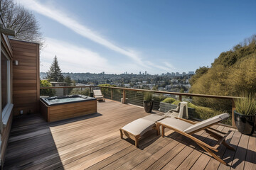 Wooden terrace with a mountain view. Generative AI.