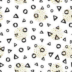 Geometric abstract seamless pattern with circles triangles and gold glitter elements- illustration.