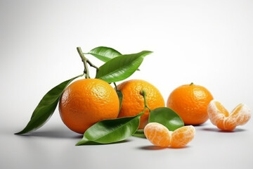 A group of oranges with green leaves on a white background.