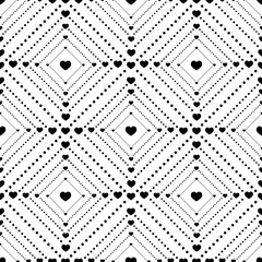 Seamless pattern small of dots and hearts illustration. White background, black hearts. - 592891196