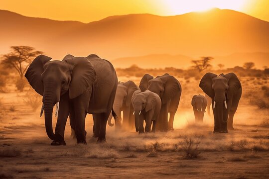 A herd of majestic elephants walking across a vast, open plain, with the sun setting behind them. The image should be in a warm, golden mode, with the focus on the beauty of the natural setting and th