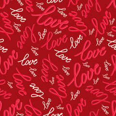 Seamless pattern with word love-illustration. The words red and white on a bright background.