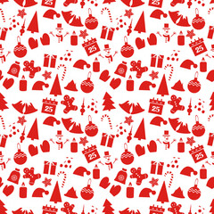 Icons Christmas and New year seamless pattern. Stocking gifts calendar hat Snowman candle bell mittens caramel Christmas tree. Santa hat calendar
