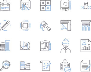 Engineering and design outline icons collection. Engineering, Design, Technical, CAD, Innovate, Create, Develop vector and illustration concept set. Construct, Plan, Manufacture linear signs