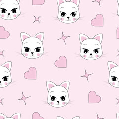Seamless cute cats pattern vector illustration on pink background.