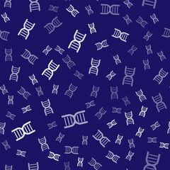 White DNA symbol icon isolated seamless pattern on blue background. Vector