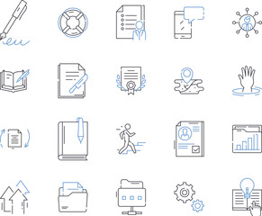 Office tools outline icons collection. Workplace, Software, Suite, Calendar, Document, Sharing, Collaboration vector and illustration concept set. Scheduling, Presentation, Spreadsheet linear signs