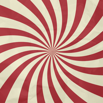 Retro, vintage red circus radial rays, lines background. Twisted pattern with rumpled, crumpled old paper (Full Vector)