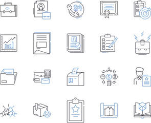 Document flow outline icons collection. Document, Flow, Management, Automation, Tracking, Log, System vector and illustration concept set. Audit, Review, Storage linear signs
