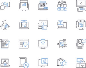 Media company outline icons collection. Media, Company, Broadcasting, Video, Production, Advertising, Television vector and illustration concept set. Press, Digital, Content linear signs