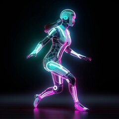 Generative AI of neon female robot running