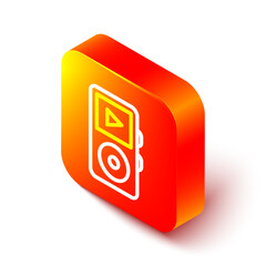 Isometric line Music player icon isolated on white background. Portable music device. Orange square button. Vector