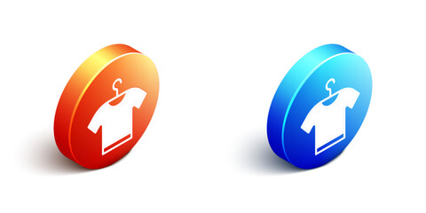Isometric T-shirt icon isolated on white background. Orange and blue circle button. Vector