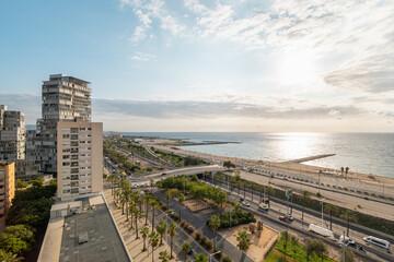 Top chic view of the landscaped area of Diagonal Mar in Barcelona, Spain near the coastal zone with highly developed infrastructure