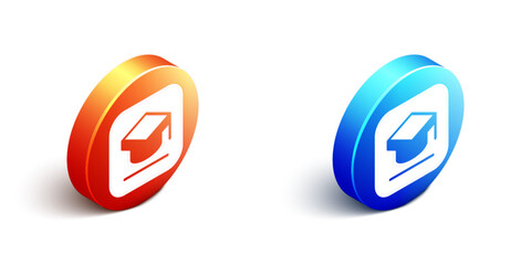 Obraz premium Isometric Graduation cap icon isolated on white background. Graduation hat with tassel icon. Orange and blue circle button. Vector