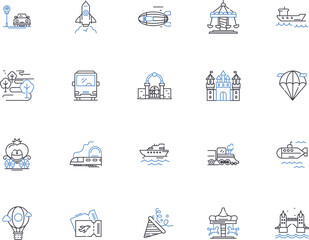 Travel outline icons collection. Trip, Tour, Journey, Voyage, Explore, Vacation, Fly vector and illustration concept set. Adventure, Sightsee, Road Trip linear signs